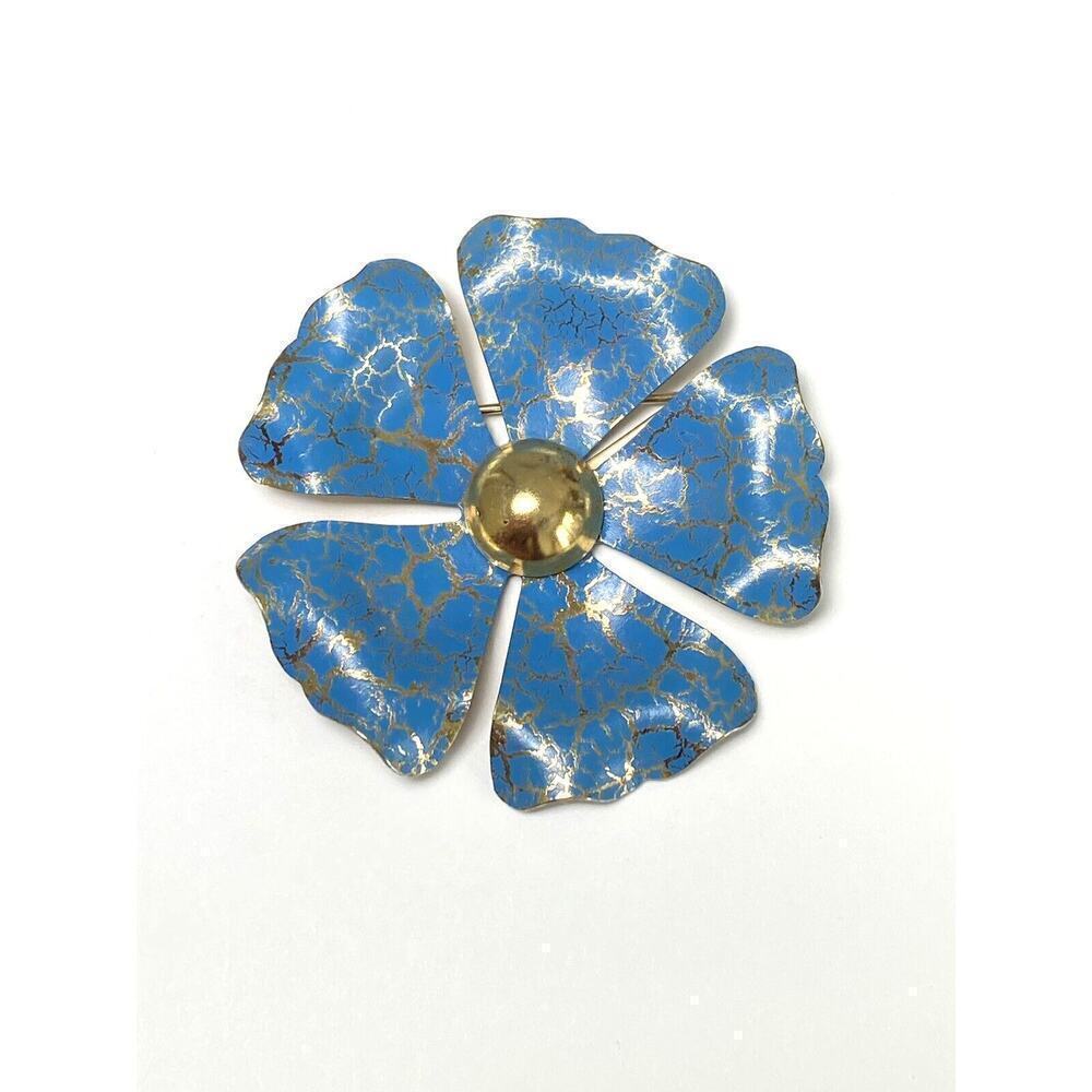 Brooch Flower Blue Gold Enamel Pin Vintage Unique Rare